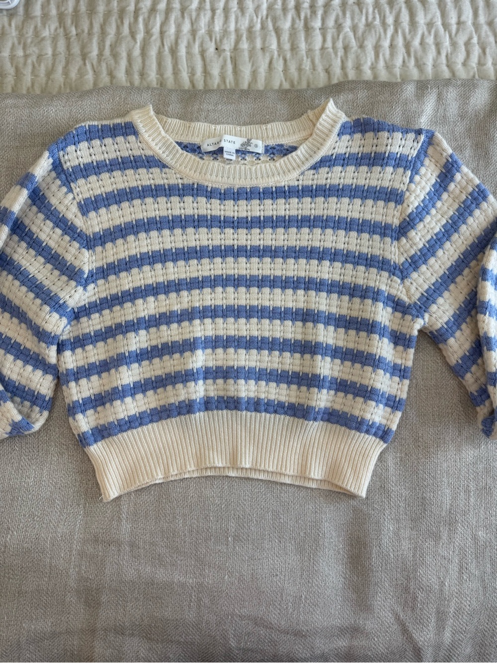 Altar'd State  Striped Cropped Knit Sweater - Cream & Blue